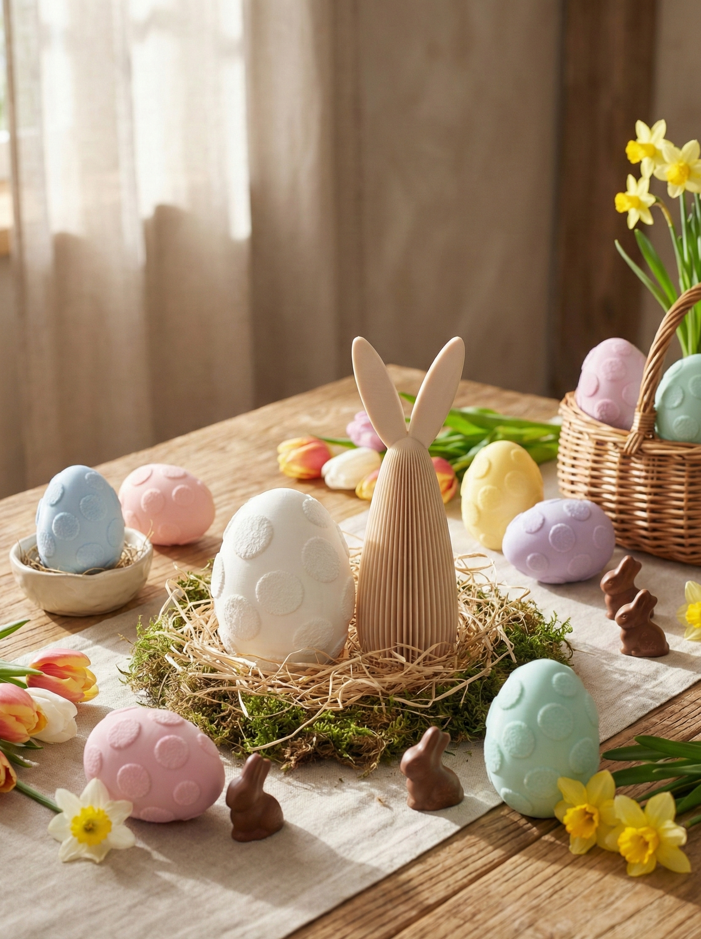 Easter-themed table setting with colorful eggs, a bunny figurine, and flowers on a wooden table.