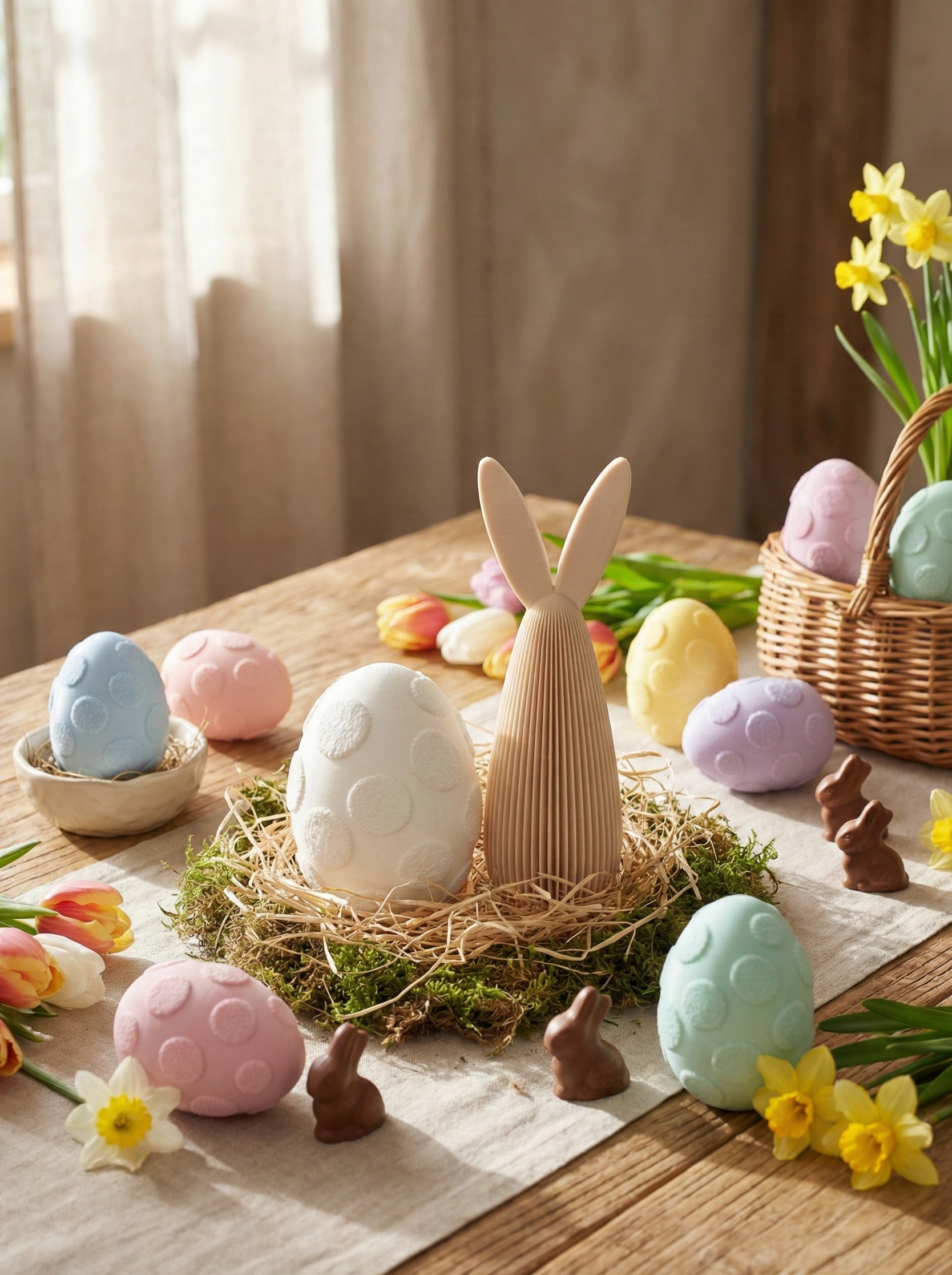 Easter-themed table setting with colorful eggs, a bunny figurine, and flowers on a wooden table.