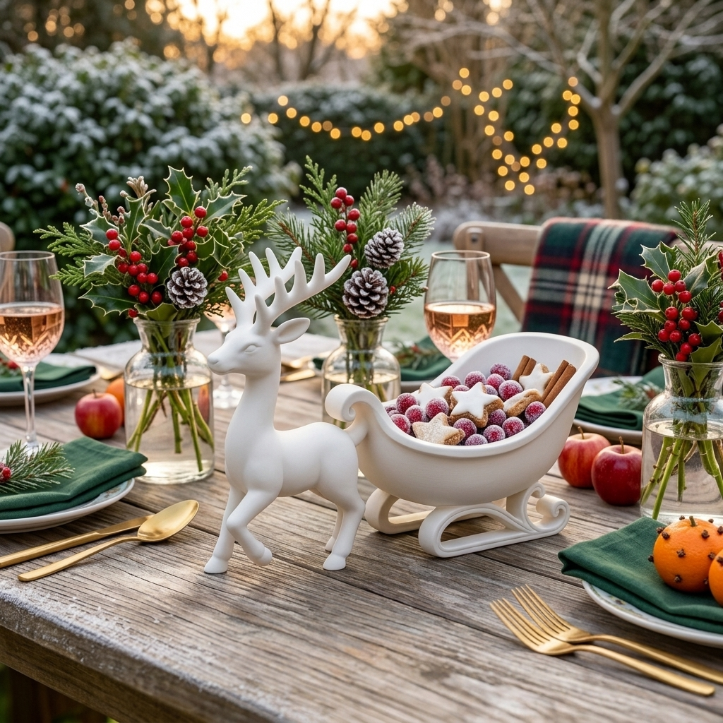 White Reindeer Sleigh Bowl – Christmas Table Centrepiece and Festive Decor
